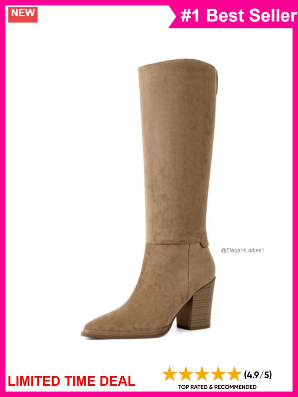 Knee High Boots Pointed Toe Chunky Heel Tall Faux Suede Boots